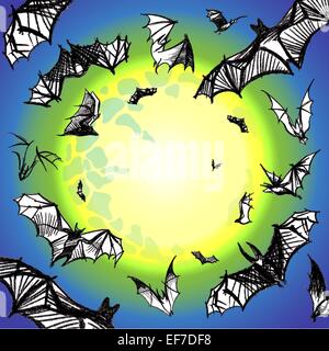 Vektor Hand abgebildet Holzkohle Grunge Fledermäuse fliegen in der Nacht in der Nähe der großen gelben Mond Stock Vektor