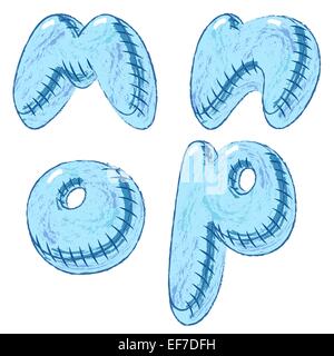 Blaue Grunge Kreide Hand gezeichnete Doodle Alphabet Buchstaben M, N, O, P Stock Vektor