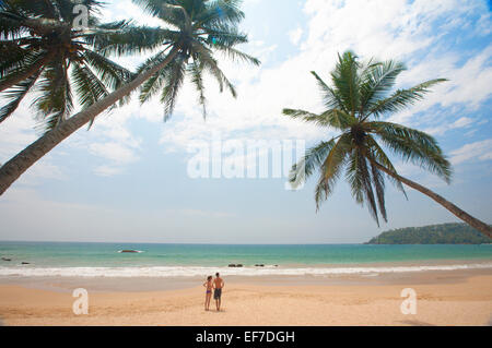 PAAR AM SANDSTRAND MIT PALMEN Stockfoto