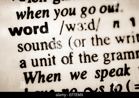 Makroaufnahme einer Wort Wortdefinition im Wörterbuch Stockfoto