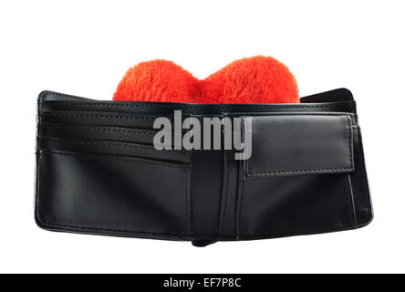 Plüsch Herz in einer Brieftasche, isoliert Stockfoto