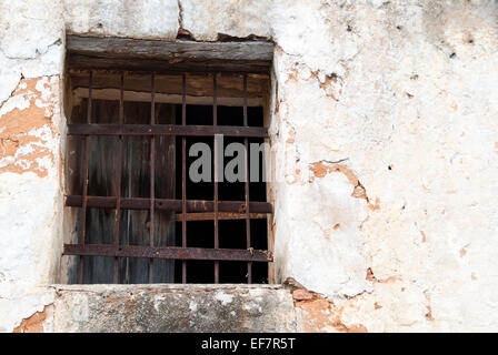 Fenster eines alten Hauses im Wald Stockfoto