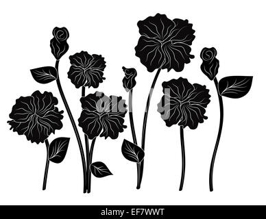 Romantische schwarz-weiß-Abbildung acht elegante Blumen für dekorative Zwecke und Liebe Themen Stockfoto