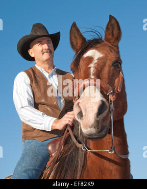 Pferd mit Reiter in einem Cowboy-Hut gegen strahlend blauem Himmel Stockfoto