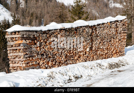 Brennholz Winter Kraftstoff schneiden Stapel in einer alpinen Umgebung anmelden.  Mit Schnee oben gestapelt. Stockfoto