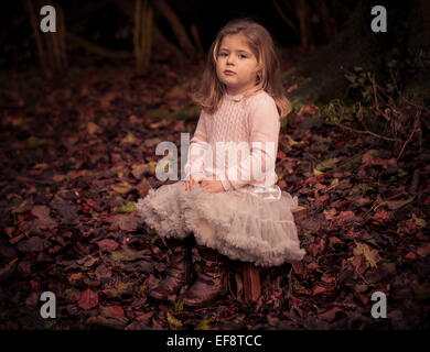 Porträt von Mädchen sitzen im herbstlichen Wald Stockfoto