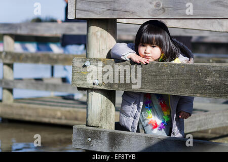 Mädchen gelehnt hölzerne Barriere auf Pier und Blick auf See Stockfoto
