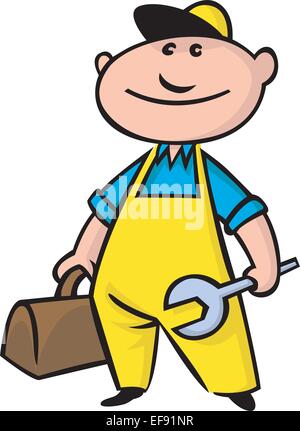 Ein Mechaniker mit einem Schraubenschlüssel und einen Werkzeugkasten Stock Vektor