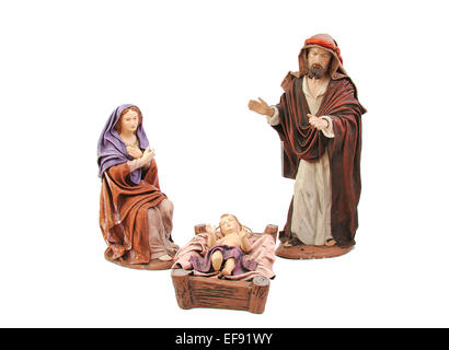 Weihnachten-Krippe. Maria, Josef und Jesuskind isoliert auf weißem Hintergrund Stockfoto