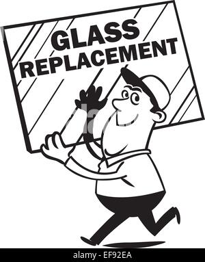 Ein Mann hält eine Stück Glas, das Glas Ersatz sagt Stock Vektor