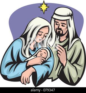 Ein Portrait von Mary Joseph und Jesus unter den Stern von Bethlehem Stock Vektor