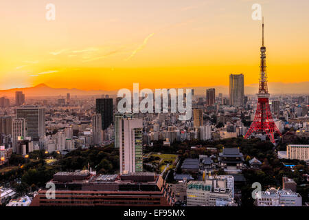 Blick über Tokyo Skyline mit Mount Fuji bei Sonnenuntergang, Tokio, Japan. Stockfoto