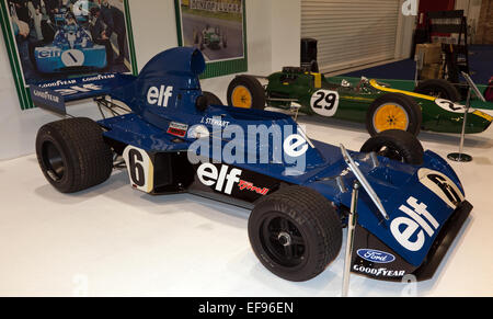 Sir Jackie Stewarts 1973 Tyrrell 006 F1 Racing Car. Ausgestellt auf Historic Motorsport International, Teil der London Classic Car Show Stockfoto