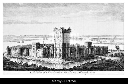 Kupferstich 1776 Landschaft Schönheiten elegantesten herrlichen öffentlichen Bauten Porchester mittelalterliche Burg Hampshire. Stockfoto
