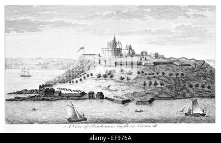 Kupferstich von 1776 Landschaft Schönheiten England elegantesten herrlichen öffentlichen Bauten Pendennis Castle Cornwall Stockfoto