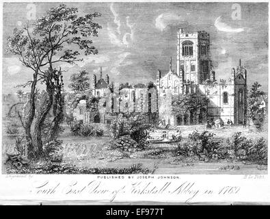 Eine Gravur der South East Ansicht von Kirkstall Abbey im Jahre 1769 in hoher Auflösung aus einem Buch gescannt gedruckt im Jahre 1861. Stockfoto