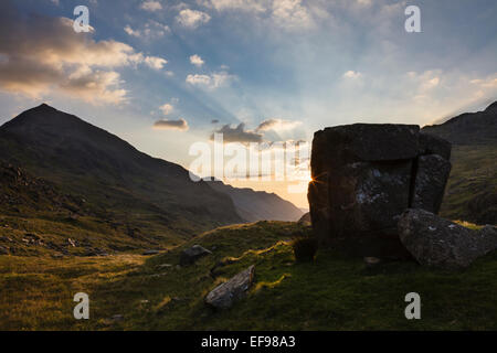 Sonnenuntergang im Pass von Llanberis, Eryri Nationalpark (Snowdonia), Wales Stockfoto