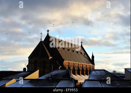 Glasgow, Schottland. 29. Januar 2015. Vögel im Flug wie die Sonne geht über der Gorbals, Glasgow, mit Schnee bedeckt die Dächer. Bildnachweis: Tony Clerkson/Alamy Live-Nachrichten Stockfoto