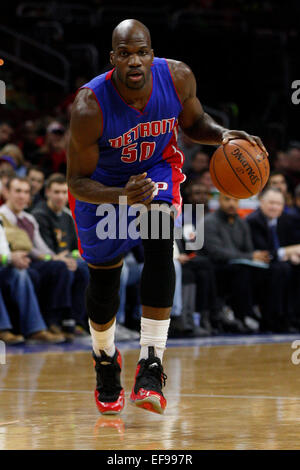 28. Januar 2015: Detroit Pistons center Joel Anthony (50) in Aktion während der NBA-Spiel zwischen den Detroit Pistons und die Philadelphia 76ers im Wells Fargo Center in Philadelphia, Pennsylvania. Die Philadelphia 76ers gewann 89-69. Stockfoto