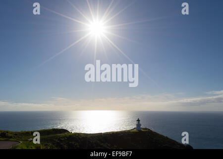 Der Leuchtturm von Cape Reinga im hohen Norden, Neuseeland. Im Gegenlicht der Sunstar gedreht. Naturdenkmal. Stockfoto