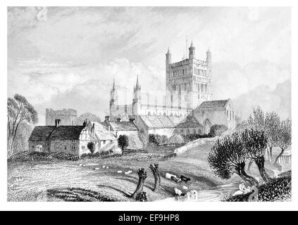 Stahlstich 1842 von Burgen und Abteien von England Tewkesbury Abbey Marienkirche der Jungfrau Gloucestershire Stockfoto