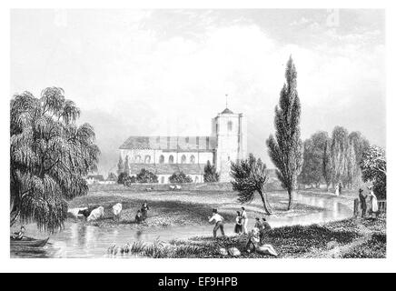 Stahlstich 1842 von Burgen und Abteien von England Waltham Abbey Kirche Heilig Kreuz und St.-Lorenz-Essex Stockfoto