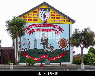 Wandbild an eine Giebelwand in Belfast zum Gedenken an die 36. Ulster Division von der WW1-Schlacht bei Thiepval. Stockfoto