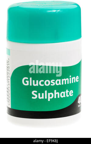 Flasche von Glucosamin Sulfat Tabletten, eine Ergänzung zur Linderung der Symptome von Arthritis genommen. Stockfoto