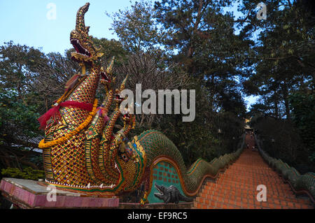 Horizontale Nahaufnahme der großen Drachen bewachen den Eingang zum Wat Doi Suthep Stockfoto