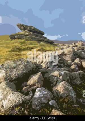 Ein Plakat Stil Interpretation der felsigen Tors auf Belstone Common, Dartmoor, Belstone in der Nähe von Oakhampton, Devon, England, UK Stockfoto