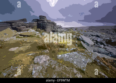 Ein Plakat Stil Interpretation der felsigen Tors auf Belstone Common, Dartmoor, Belstone in der Nähe von Oakhampton, Devon, England, UK Stockfoto