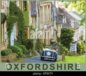 Eine Plakat Stil Auslegung eines schwarzen MG TF-Oldtimers geparkt in Cotswold Stadt Burford, Oxfordshire, England, Großbritannien Stockfoto