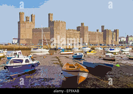 Ein Plakat Stil Interpretation von Caernarfon Castle und Hafen am Fluss Seiont, Gwynedd, Nord-West-Wales, UK Stockfoto