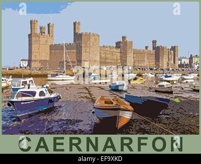 Ein Plakat Stil Interpretation von Caernarfon Castle und Hafen am Fluss Seiont, Gwynedd, Nord-West-Wales, UK Stockfoto