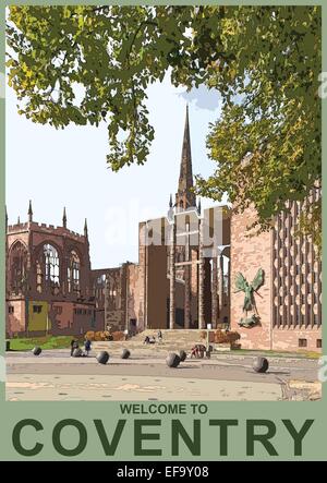 Ein Plakat Stil Darstellung der alten und der angrenzenden neuen St Michael Kathedrale, Coventry, Warwickshire, England, UK Stockfoto