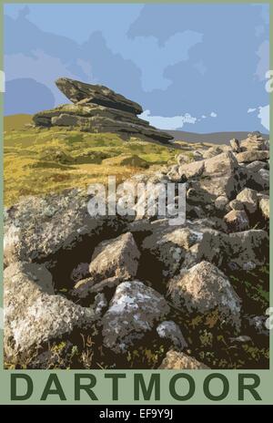 Ein Plakat Stil Interpretation der felsigen Tors auf Belstone Common, Dartmoor, Belstone in der Nähe von Oakhampton, Devon, England, UK Stockfoto