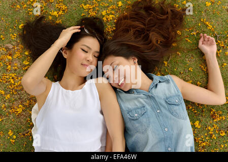 Portrait von zwei schöne, junge Frauen, legen Sie sich auf Rasen Stockfoto