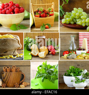 Beeren, Gewürzen, Kräutern und ein Lebensmittelgeschäft Lebensmittel (Nudeln, Brot, Käse) auf einem hölzernen Hintergrund Stockfoto