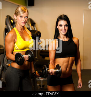 Zwei schöne Frauen mit Hanteln trainieren Sie im fitness Stockfoto