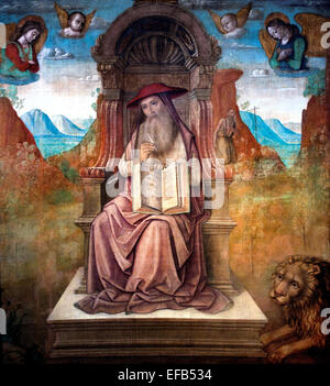 Der Heilige Hieronymus thront von Santi oder Sanzio, Giovanni (1435-94) Pinakothek Vatican Museum Rom Italien (der Heilige Hieronymus (347 – 420) Priester, Theologe und Kirchenlehrer) Stockfoto