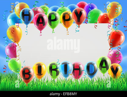 Ein Zeichen in einem Feld mit Luftballons Happy Birthday zu lesen. Ideal für eine Geburtstagsfeier einladen oder ähnliches Stockfoto