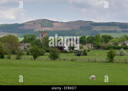 Einen malerischen Blick auf Ackerland Felder in Richtung Kirche & Häuser in einem ruhigen Dorf von Skipton & Rolling Hills - North Yorkshire, England, UK. Stockfoto