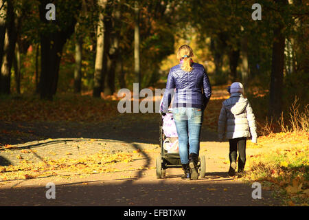 Frau mit Baby im Perambulator und älteren Kind zu Fuß im Herbst park Stockfoto