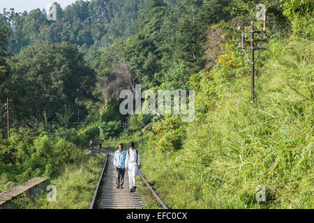 In der Stadt von Ella im Hochland von Sri Lanka.Locals, Familie, Wandern auf dem Zug Weg, eine gängige Praxis mit einigen Zügen. Stockfoto