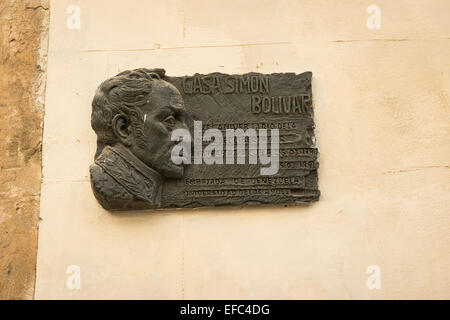 Kuba alte Havanna La Habana Vieja Calle de Los Mercaderes Plaque Casa Simon Bolivar Jubiläum zu besuchen Gedenken 25. März 1799 Stockfoto