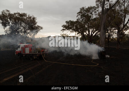 Ein Foto von einem Feuerwehrauto auf die Nachwirkungen des ein Buschfeuer auf einer trockenen australischen Farm im zentralen westlichen NSW. Stockfoto