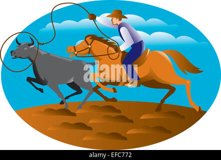 Abbildung eines Cowboy auf Pferd mit Lasso Abseilen eine Bulle Kuh im Inneren Oval mit blauen Himmel und Wolken im Hintergrund getan im retro-Stil. Stockfoto