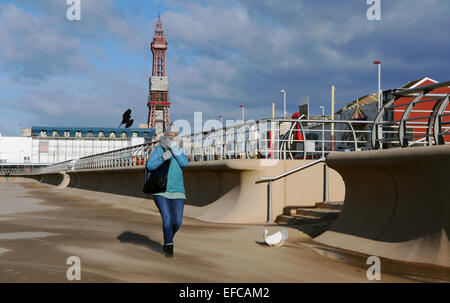 Eine Frau, die gegen die kalte Spaziergänge entlang Blackpool Promenade gewickelt, wie der Sand geblasen wird oben durch den Wind im Winter Wetter UK Stockfoto