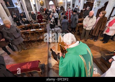 Eigentümer mit ihren Haustieren besuchen einen speziellen Service mit einem Segen Tiere, Kirche von S Giovanni Battista, Venedig, Italien Stockfoto