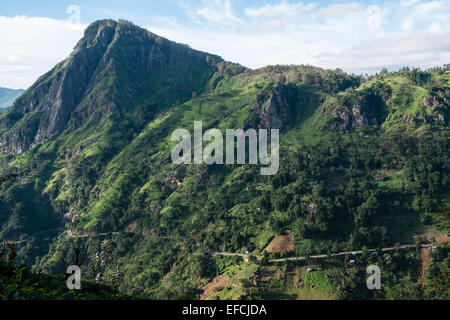 Blick auf Adam es Peak vom Gipfel von Little Adams Peak aus gesehen. grüne Landschaft. Adam Peak.Road, Ella.Hill,mount,mountain. Ella Gap. Stockfoto